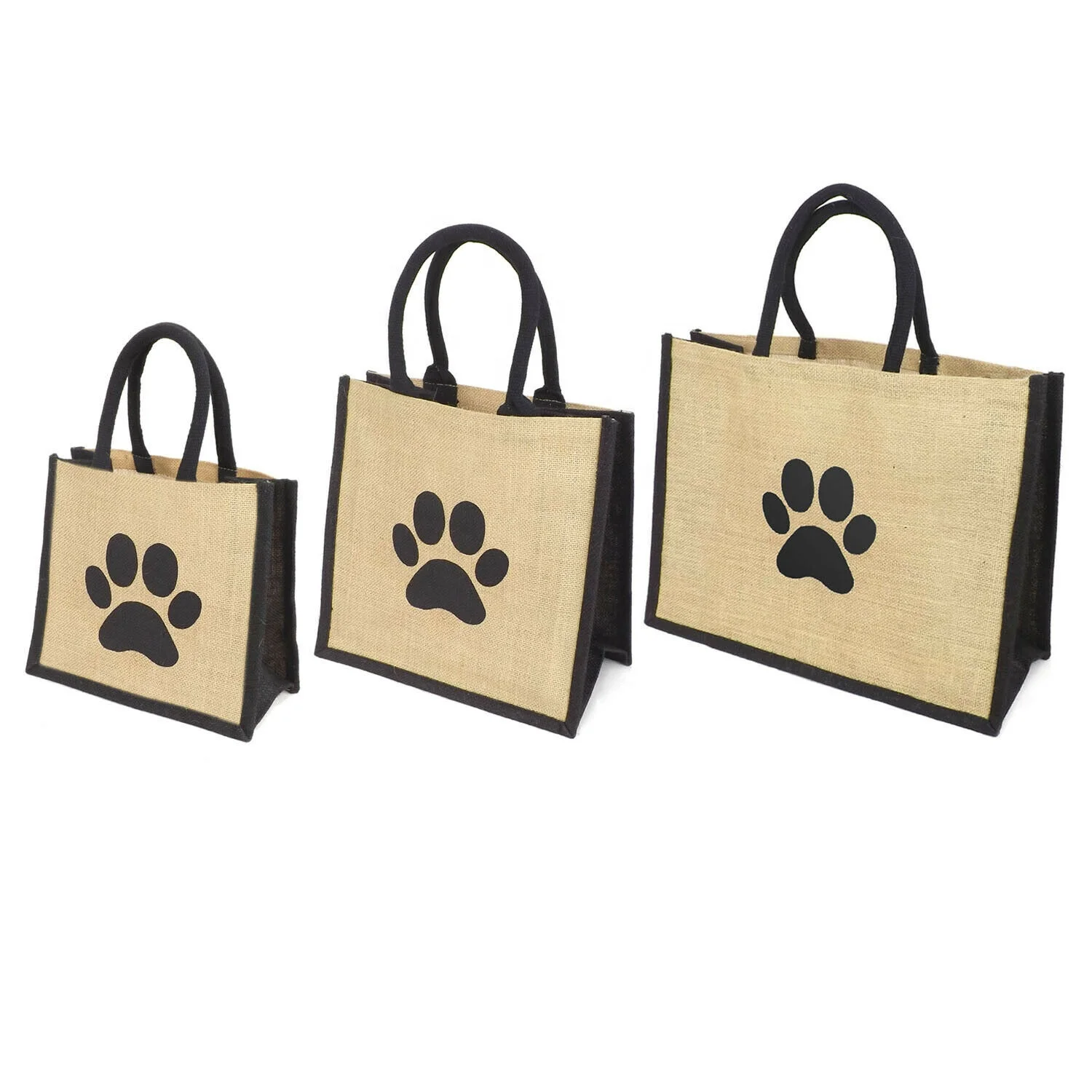 Dog Paw Motif Printed Jute Hessian Shopping Bag with Black Trim