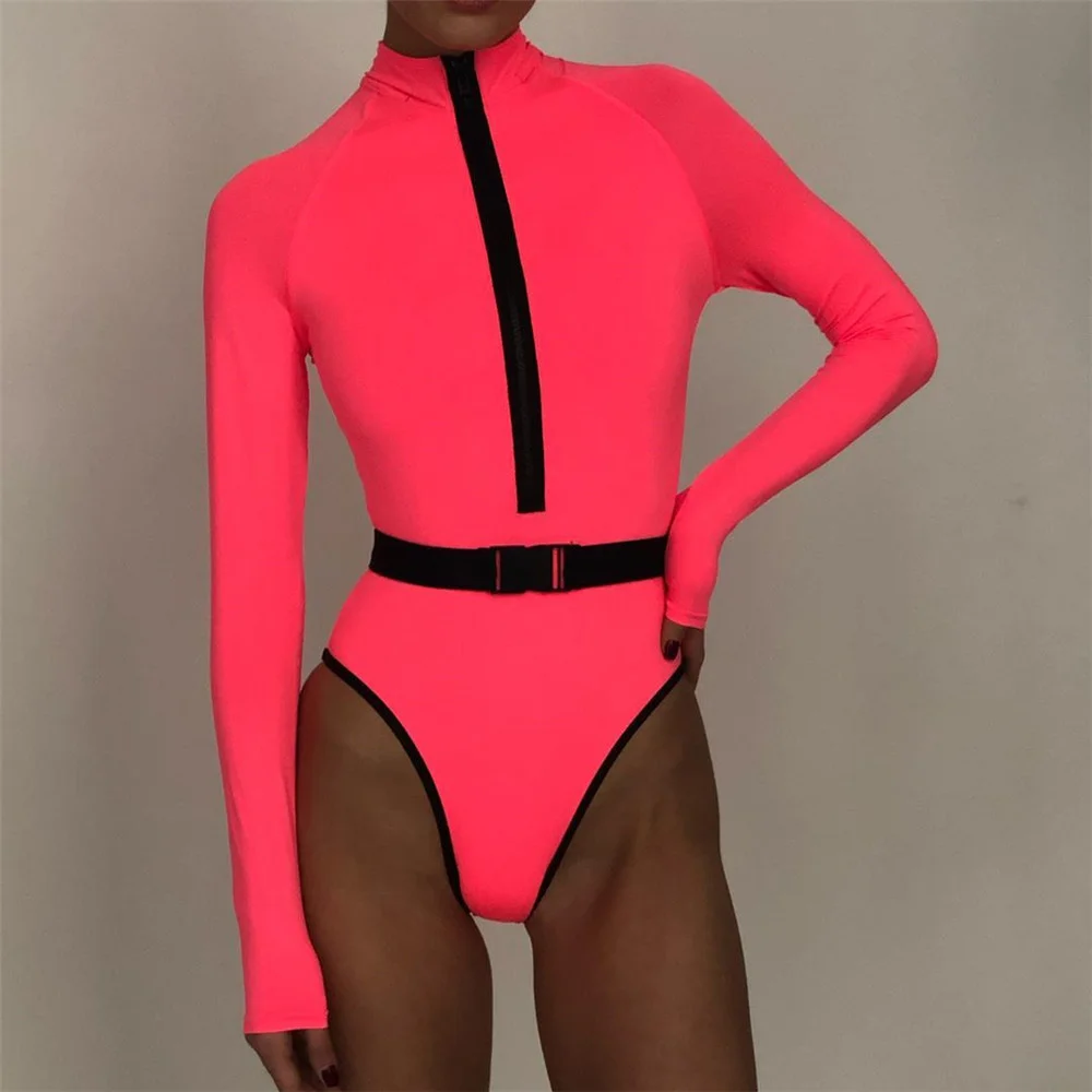 Sexy Neon Swimsuit One Piece Long Sleeve Swimwear Women 2022 Monokini  Zipper Bodysuit Sports Bathing Suit Swimming Suit Women