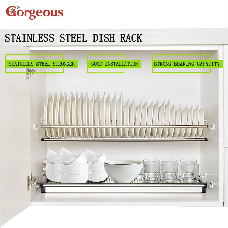 2 Layer Over the Sink Kitchen Organizer Roll up Built in Holders Cabinet Drainer Plates Dish Drying Rack Stainless Steel MIRROR