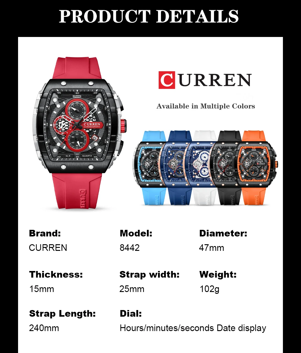 CURREN Top Brand Men's Watches Luxury Square Quartz Wristwatch Waterproof Luminous Chronograph Watch for Men Date Clock 8442