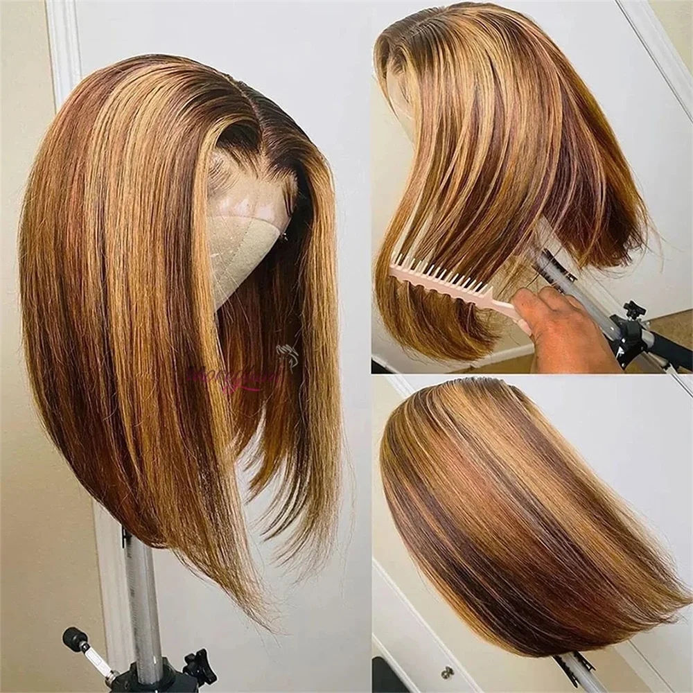 Perruque Bob en cheveux humains raides 13x4 avec dentelle frontale brésilienne courte ombrée_voghion.com