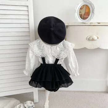 2024 new baby clothes spring girl baby solid color big lapel shirt strap bag pants baby suit