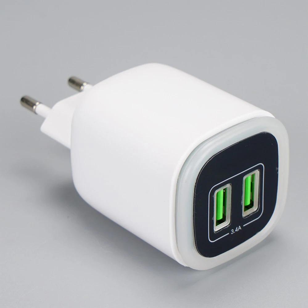 IN/India Plug 2 USB-A 3.4AH 5V 3.4 AH White With Indicating Light Travel/Wall charger 110V-230V 3011