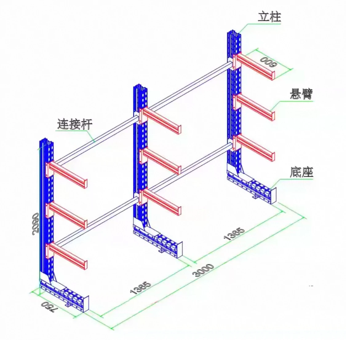 Heavy Duty Custom-Made Cantilever Rack with Thickened Metal Aluminum Tube Arms Single/Double Sided for Industrial Use