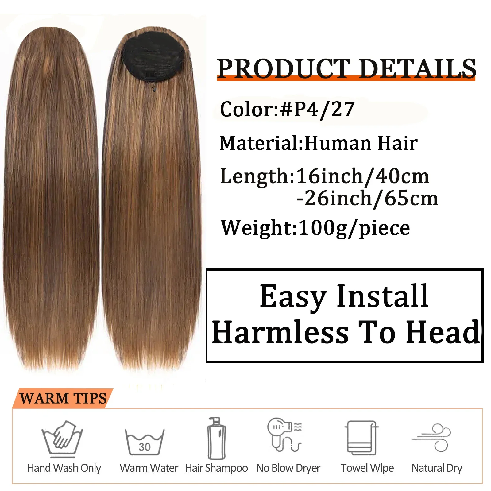 Highlight Drawstring Ponytail Human Hair Extensions Long Brazilian Hairpiece Clip Ins Remy Ponytail_voghion.com