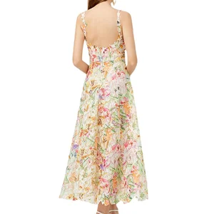 Custom High Quality Summer Causal Colorful Floral Printed Lace A-Line Midi Dress Embroidered Slimming Sweet Casual Party Dress