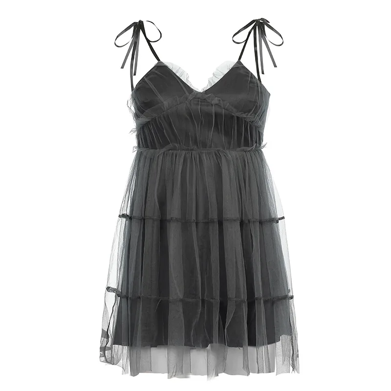 Dark Gothic High-Waist Y2K Dress with Mesh Patchwork and Lace-Up Detail for Women