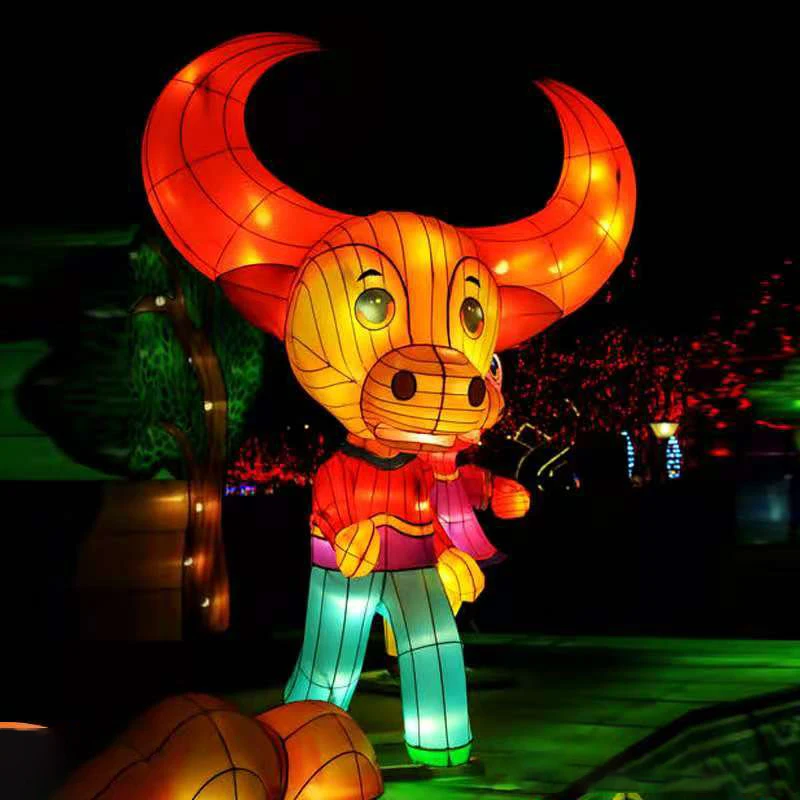 Round Paper Lantern Lights Colorful Led Lighted Animal Shapes  Chinese New Year Ox Lantern Display