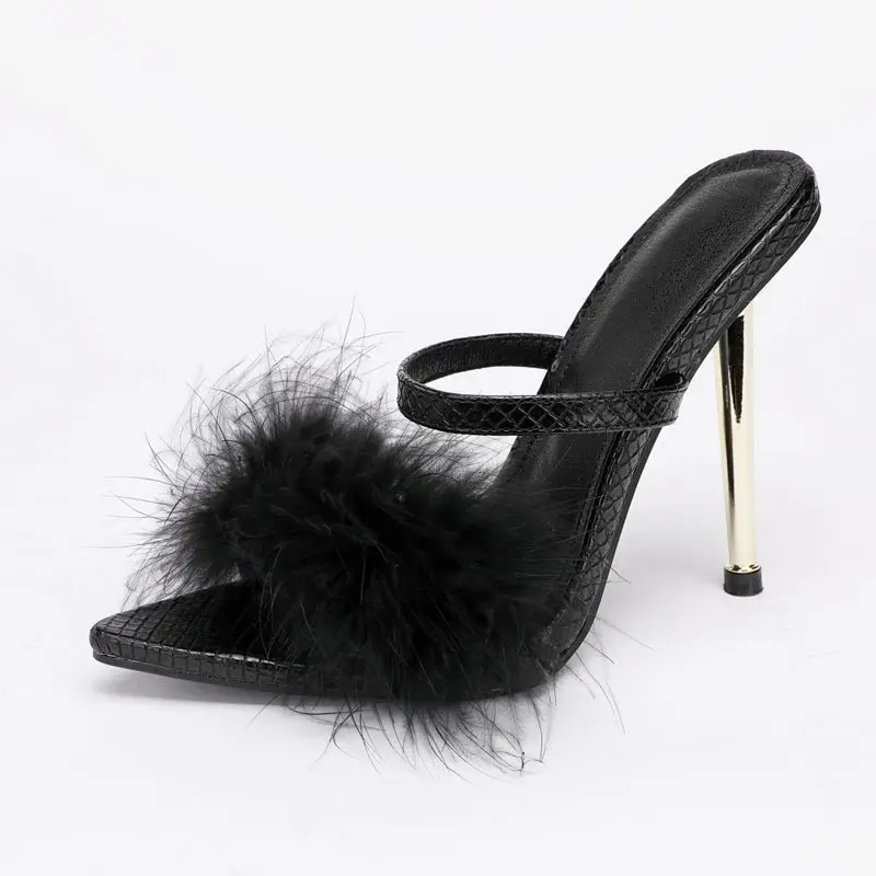 Heels Slippes Shoes White Feather 11cm 