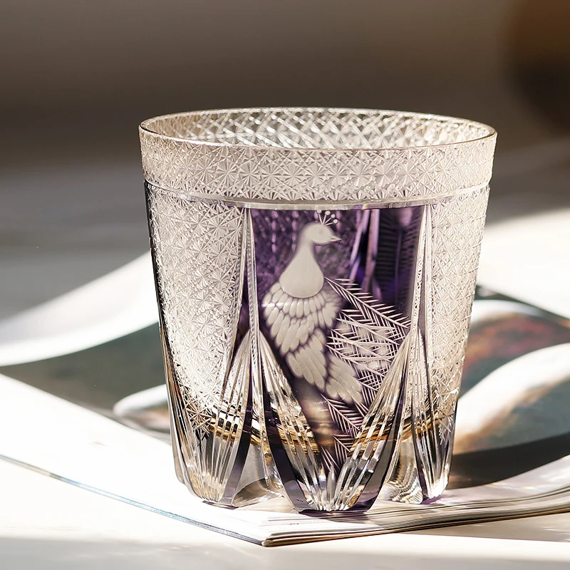Japanese Style Edo Kiriko Whiskey Glass Tumbler Hand Engraved Peacock Phoenix Dragon Design Shot Rocks Glass with Gift Box
