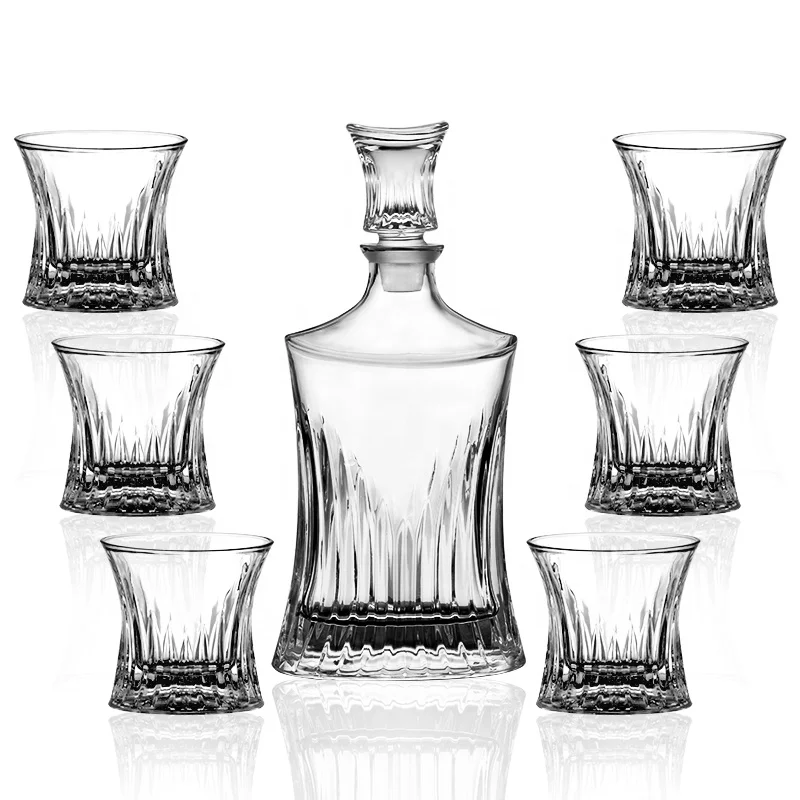 N42 Unique Shape Whiskey Decanter Set Crystal Clear Glass Whiskey Wine Decanter Tumbler Set with Ice Wall Design