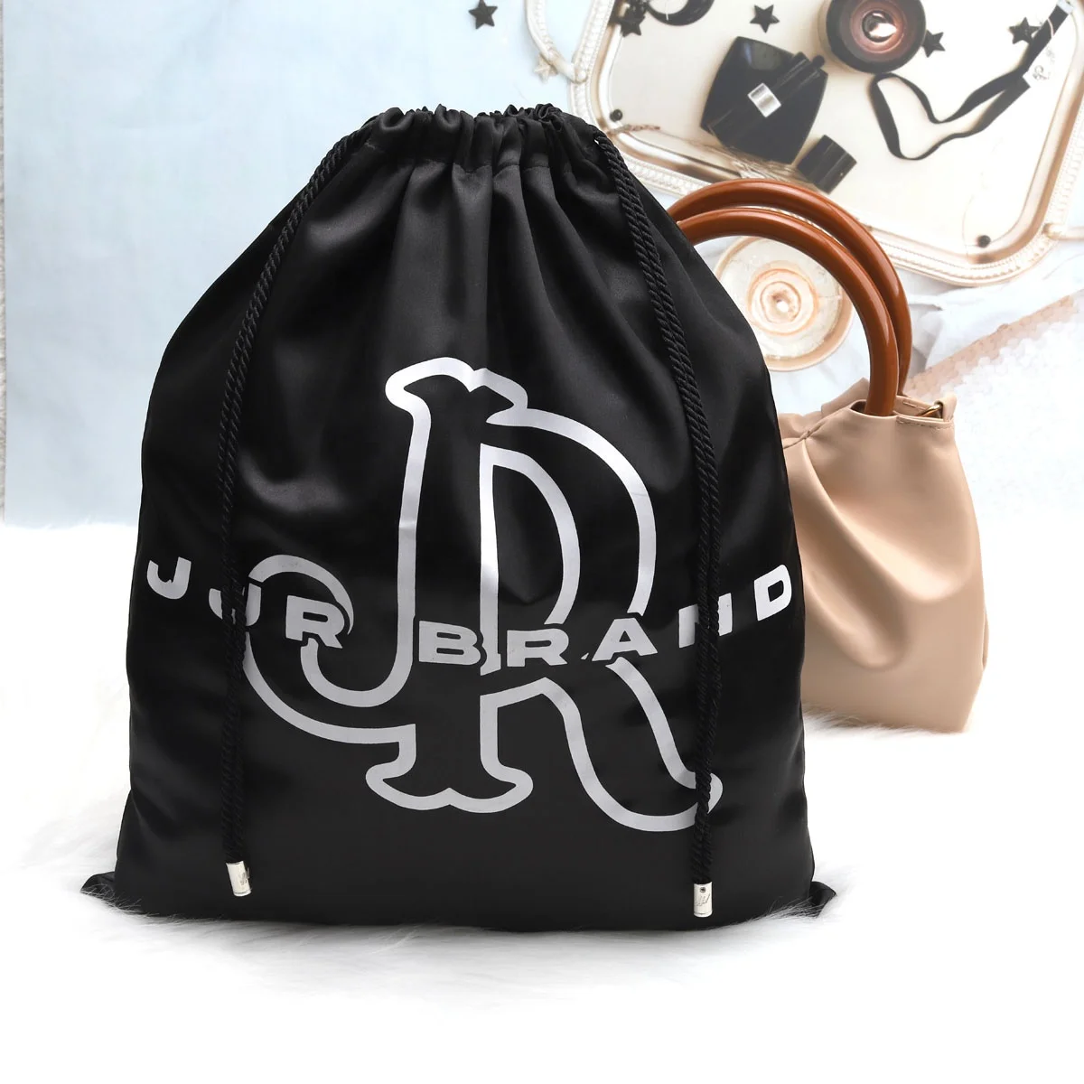 Custom Logo Printing Large Black Silk Drawstring Dust Shoe Bag Hair Extension Wig Underwear Hat Packing Clothes Soft Satin Pouch