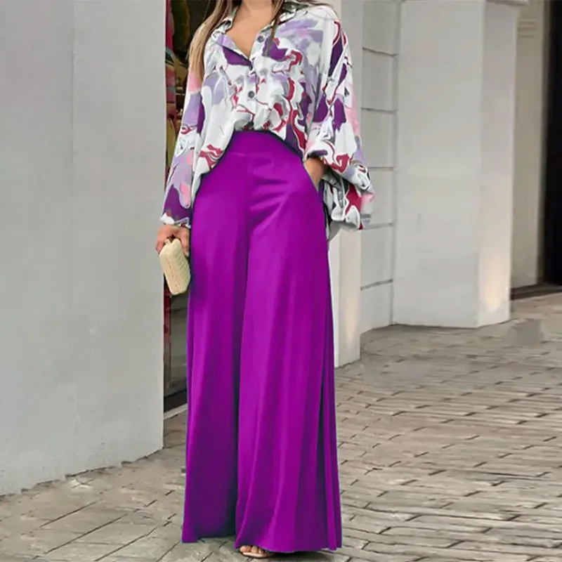 Women's Clothing Printed Casual Loose Batwing Sleeve Lapel Shirt and High Waisted Wide L