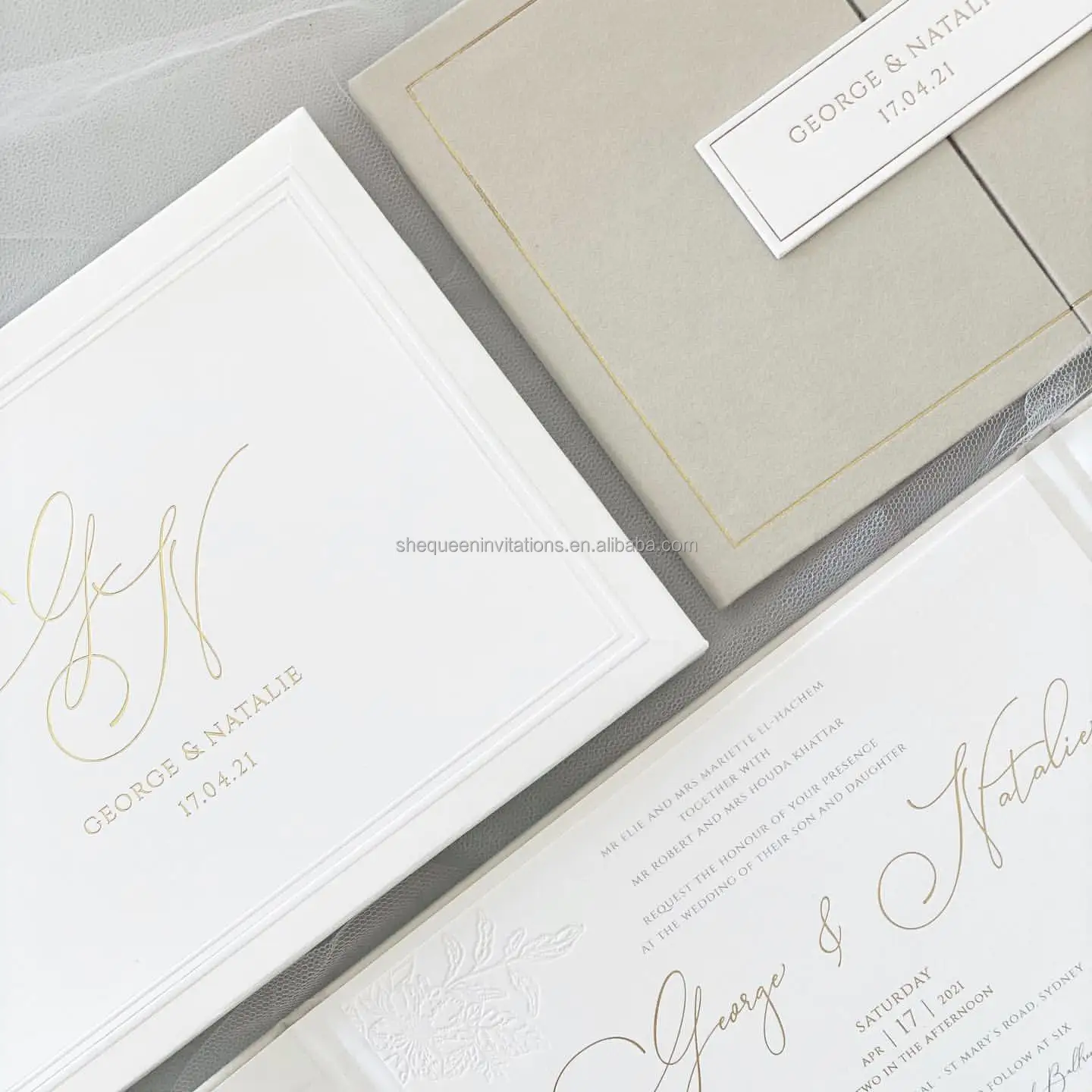 Unique Gray Velvet Gate Fold Hardcover Invitations Gold Foiling Wedding ...