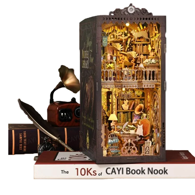 CAYI 2025 Perpustakaan Penjelajah Kit Buku Nook Rumah Boneka Booknook Nook Buku Rumah Miniatur Puzzle Kayu 3D dengan Lampu LED