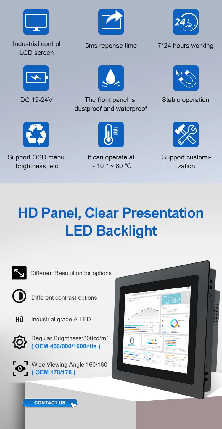 15 Inch HD VGA Waterproof Pure Flat Touch Screen Panel Embedded Industrial Grade LCD Monitor Industrial Computer Accessory
