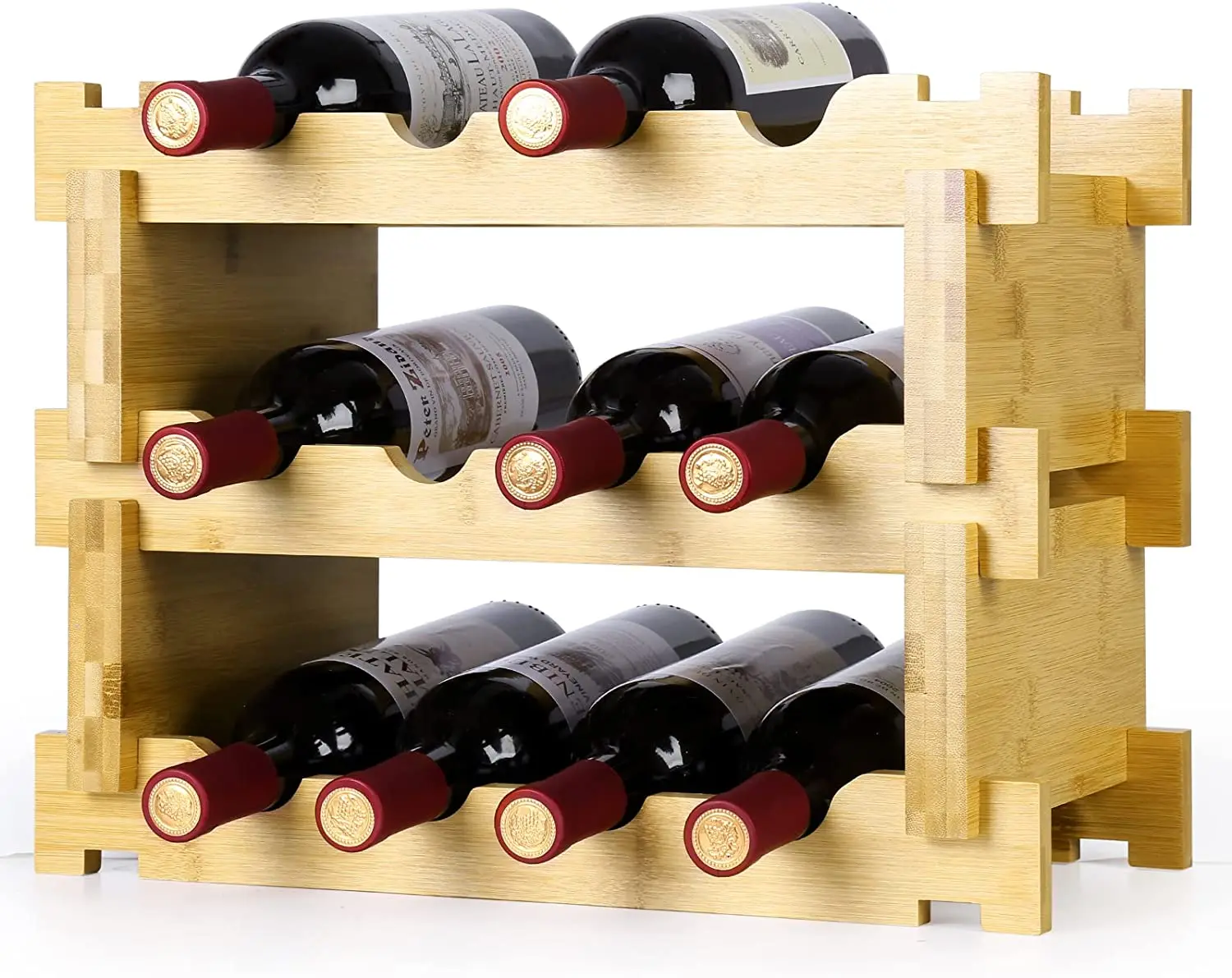 12-Bottle Stackable Natural Bamboo Wine Display and Storage Rack For Home