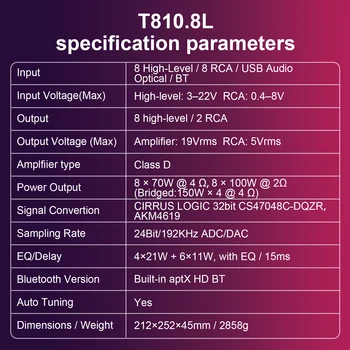Audiowinner T810.8L Class D Car Audio Amplifier - 8-Channel DSP