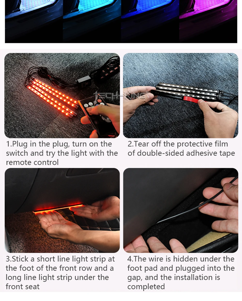 Car cigarette lighter USB plug Interior Lights Strip Decoration Bar Remote/Voice Control 48 LED RGB Car Foot Ambient Light
