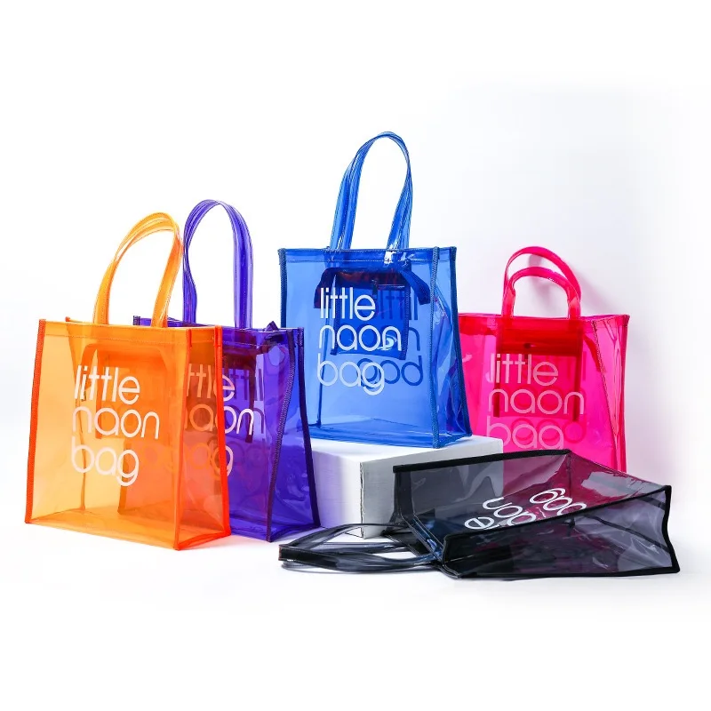 High Quality Custom Fashion Eco Friendly Transparent Little Neon Pink PVC Tote Bag for Women