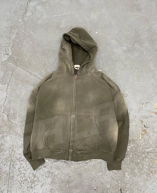 Custom Acid Wash Sweatshirts Cotton Zip up Blank Drop Shoulder Oversized Unisex Vintage Stone Washed Distressed Hoodies for Men gallery 4