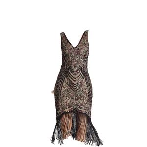 Customize European American Sequin Beaded Tassel Sleeveless Vest V-Neck Floor-Length A-Line Chiffon Summer Party Evening Dress