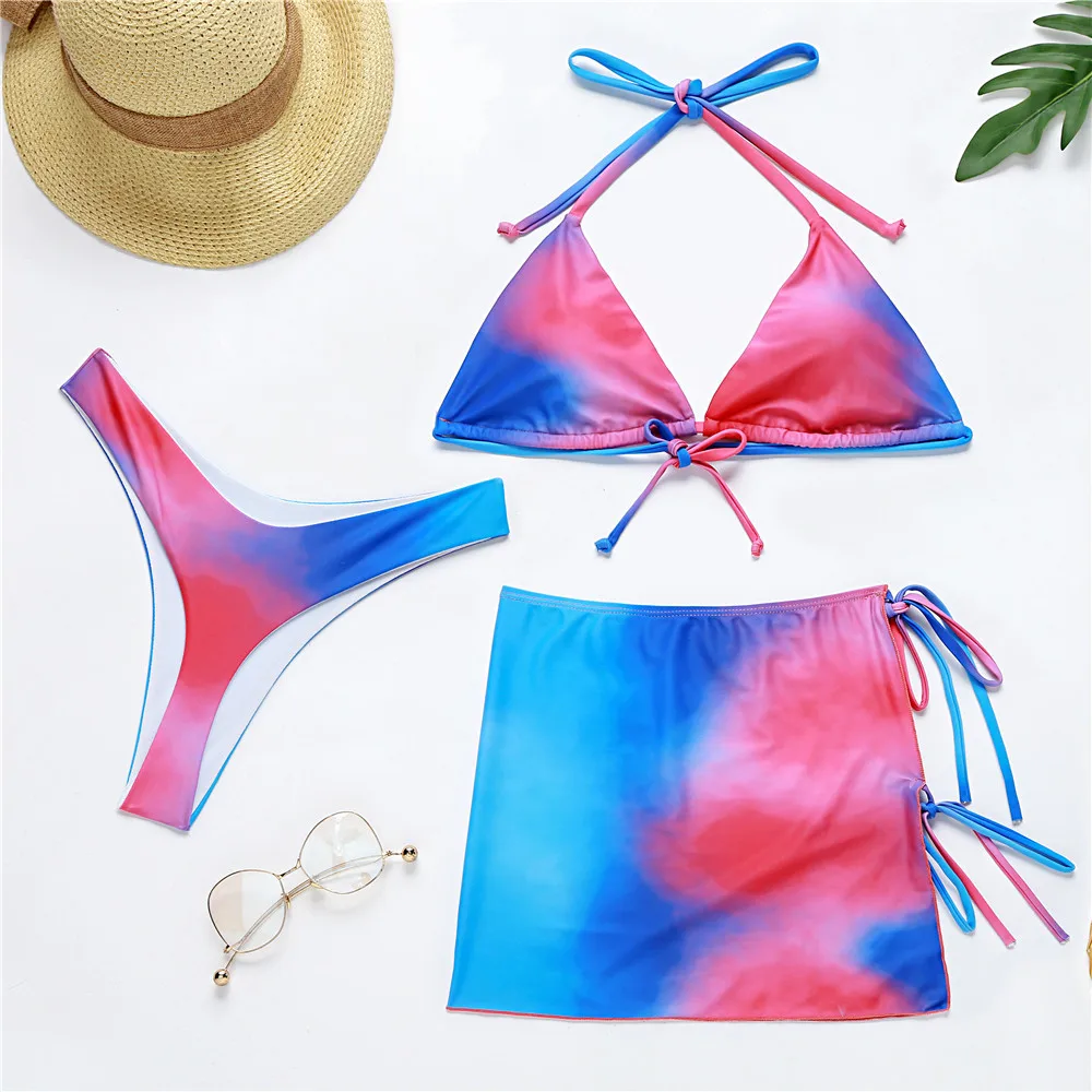 DAMOCHIC 2022 3 Piece Swimwear Beach Tie-Dye Three-Piece Swimsuit Quick-Drying Halter Thong Bikini Set with Cover Up for Women