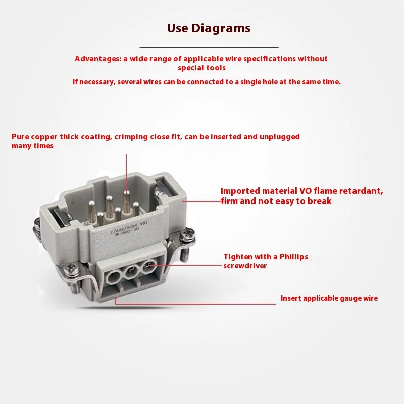 Rectangular Heavy Duty 32/48 Pin Aviation Plug Socket Waterproof Hot Runner 16A Copper Terminals HE/4/6/10/16/24 Core Connector