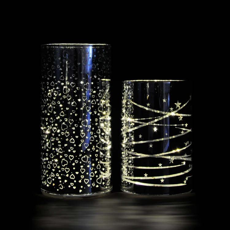 Set of 2 illuminated etched glass pillars Lights with heart and star pattern for home decoration