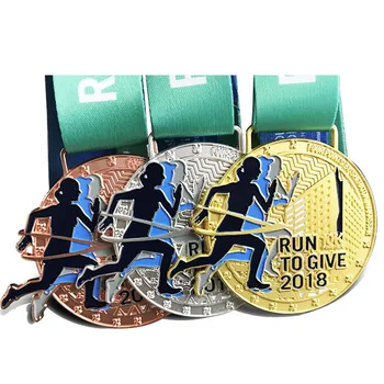 Free design custom fun metal round shape enamel gold silver brass plating race running medals