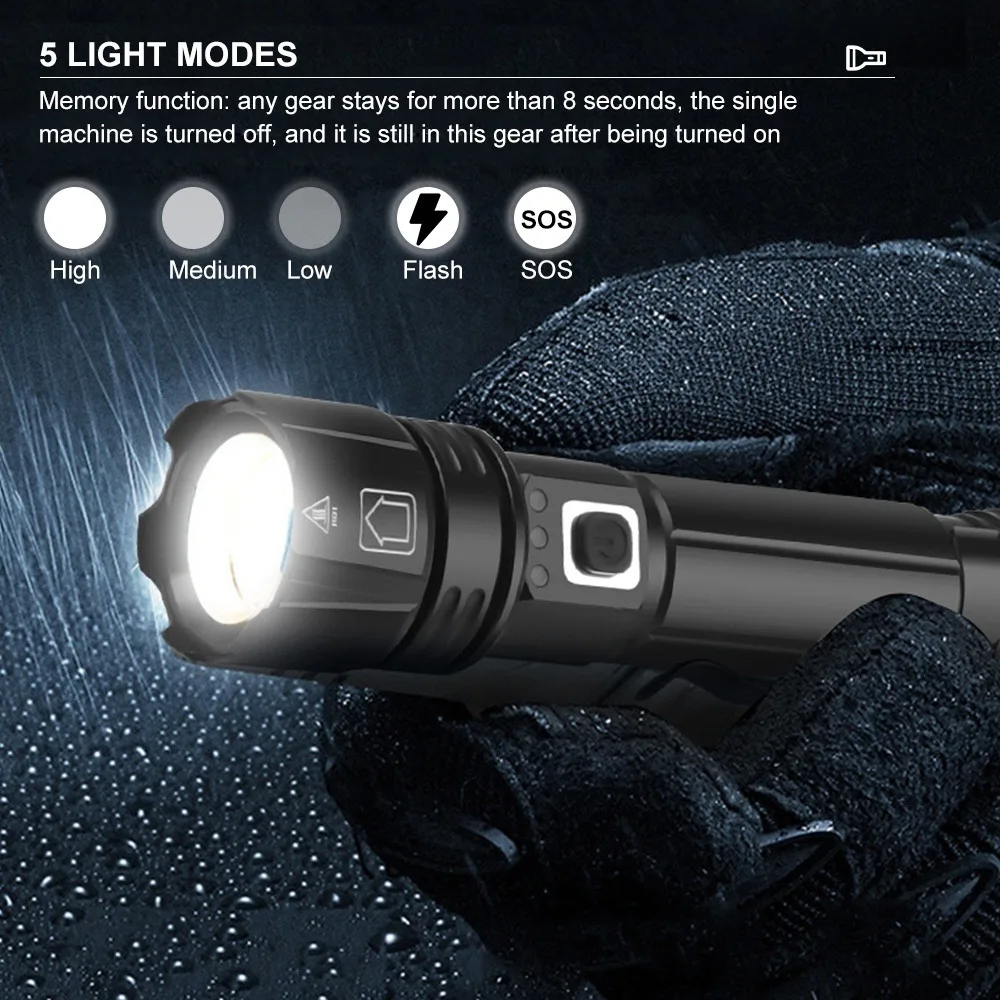 Asafee High Power Zoom P50 LED Aluminum Alloy Flashlight Strong Light Outdoor Torch with Attack Head Tactical Flashlight