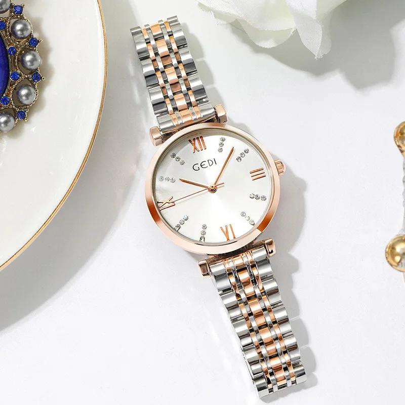 Gedi Luxury Women's Wristwatches Hot Crystal Diamond Japan Movement Quartz Stainless Steel Band Glass Dial Relogio Feminino