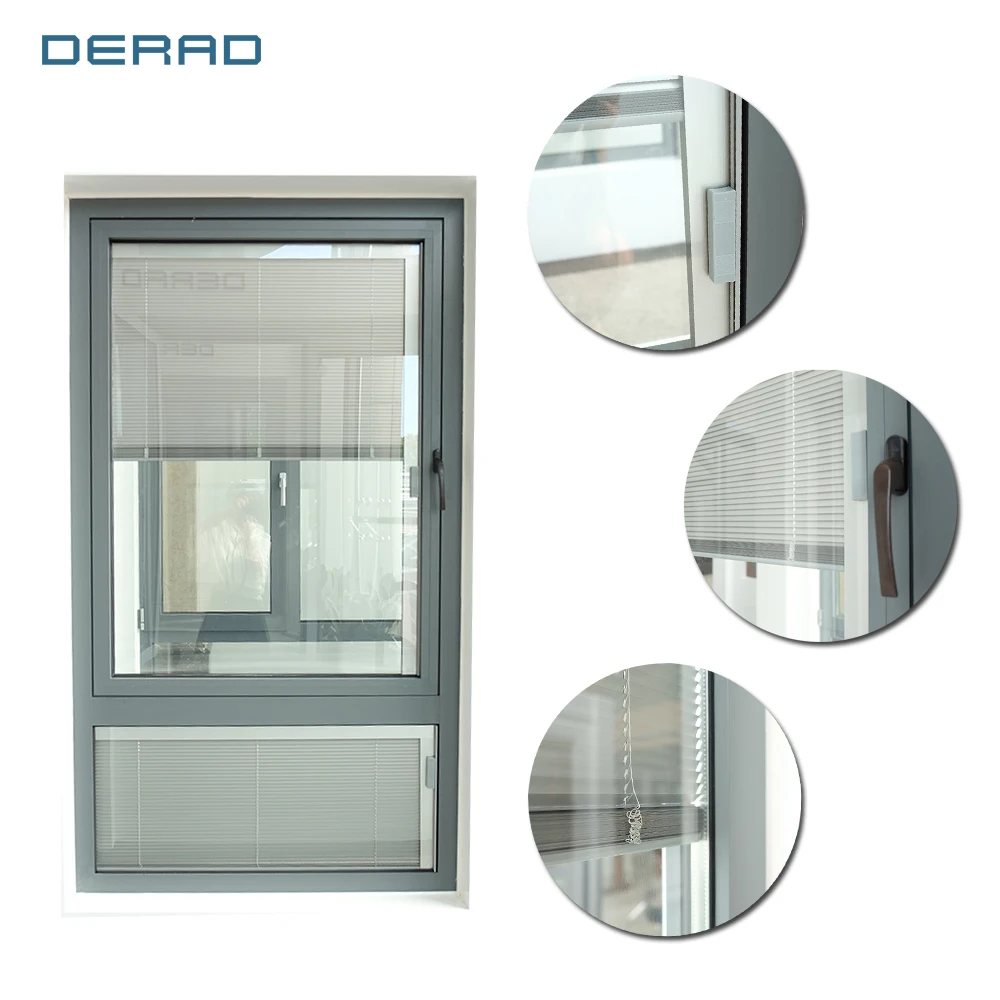 Office building windows customized with triple tempering powder coating glass aluminum casement windows with built in blinds