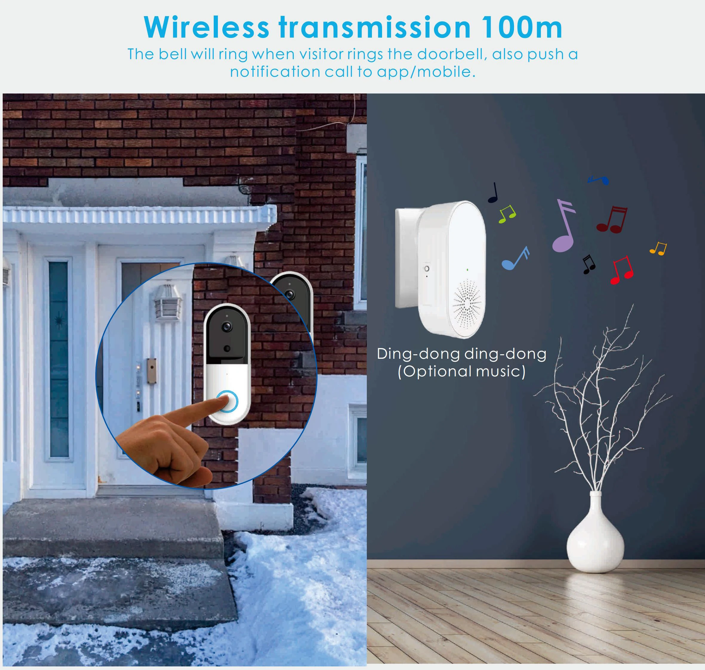 Wireless 1080P HD Video Intercom Doorbell with Security Chime & Color Camera IOS Compatible