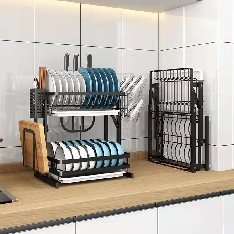 2-tier Wall Mounted Folding Dish Drying Rack Punch Freestanding Kitchen  Dish Rack