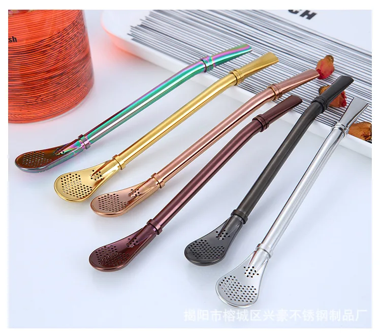 Gold rose gold black stainless steel drinking straw spoon