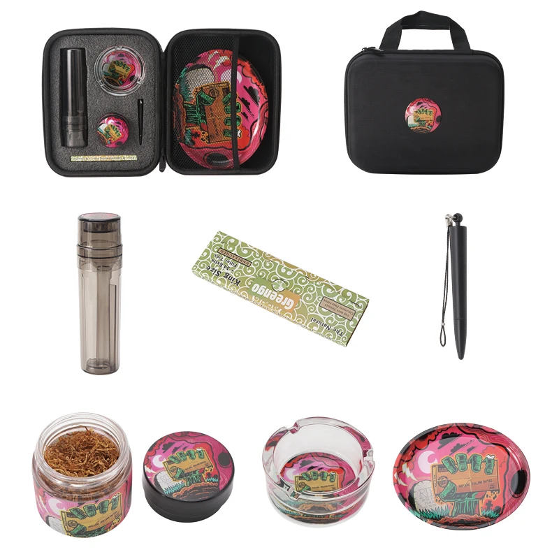 Custom Logo 5 In 1 Oem Portable Smoking Set With Herb Grinder Rolling Tray Set For Smoke Gift