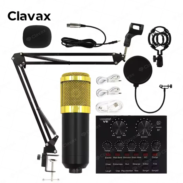 Clavax CLCM-BM800 Condenser Microphone V8 Sound Card Live Stream Kit With Suspension Bracket for Tiktok Online Show Broadcasting