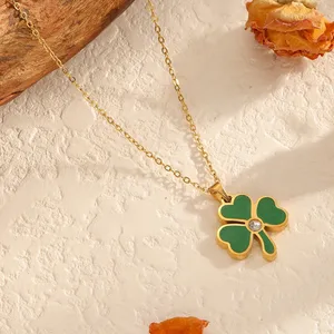 MW New Green Leaf Stainless Steel Diamond Lucky Grass Pendant Bamboo Sporty Real Gold Plating All-match Fashion Personality