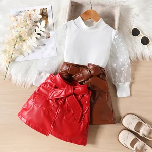 1-6years Baby Girl Children Autumn 2pcs/set Long Sleeve Lace Tshirts+Red PU Leather Skirt With Belt Toddler Clothes for Kids
