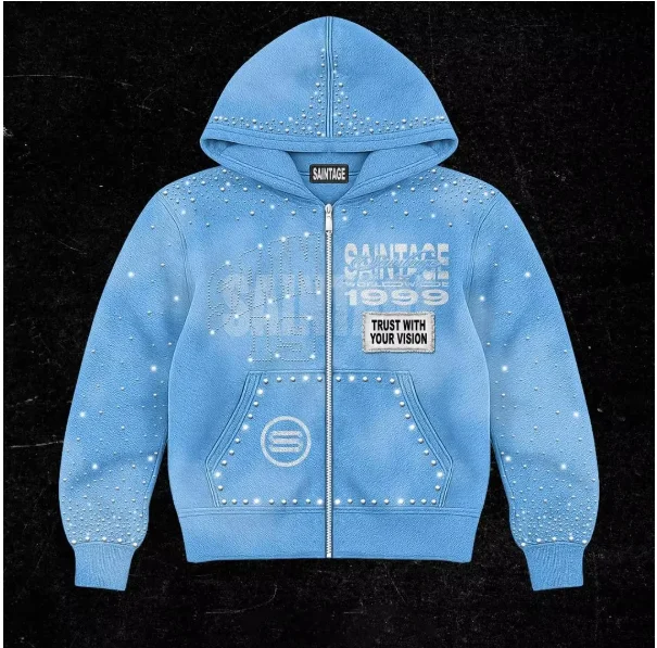 Tilpasset beklædningsproducent: Hoodie med firkantet zip, 100 % bomuld, klippet og broderet med hot-fix-stein og grafisk print