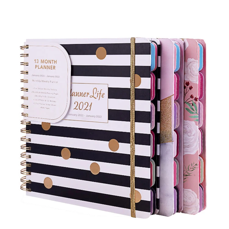 Brugerdefineret hardcover guldfolie ugentlig cahier 2021 2022 spiralbundet journal planner notesbog med farvet skilleside