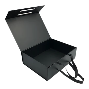 Custom Logo wholesale Luxury folding Magnet clothing Paper Gift box packaging with Ribbon Black