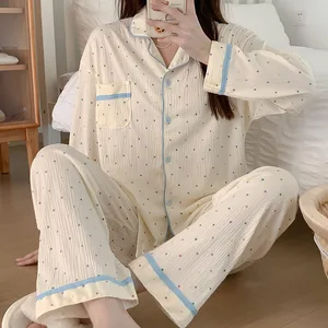 Wholesale Custom Spring Plaid Long-Sleeved Turn-Down Collar Pajama Sleepwear Suit for Women Bubble Cotton Pajama