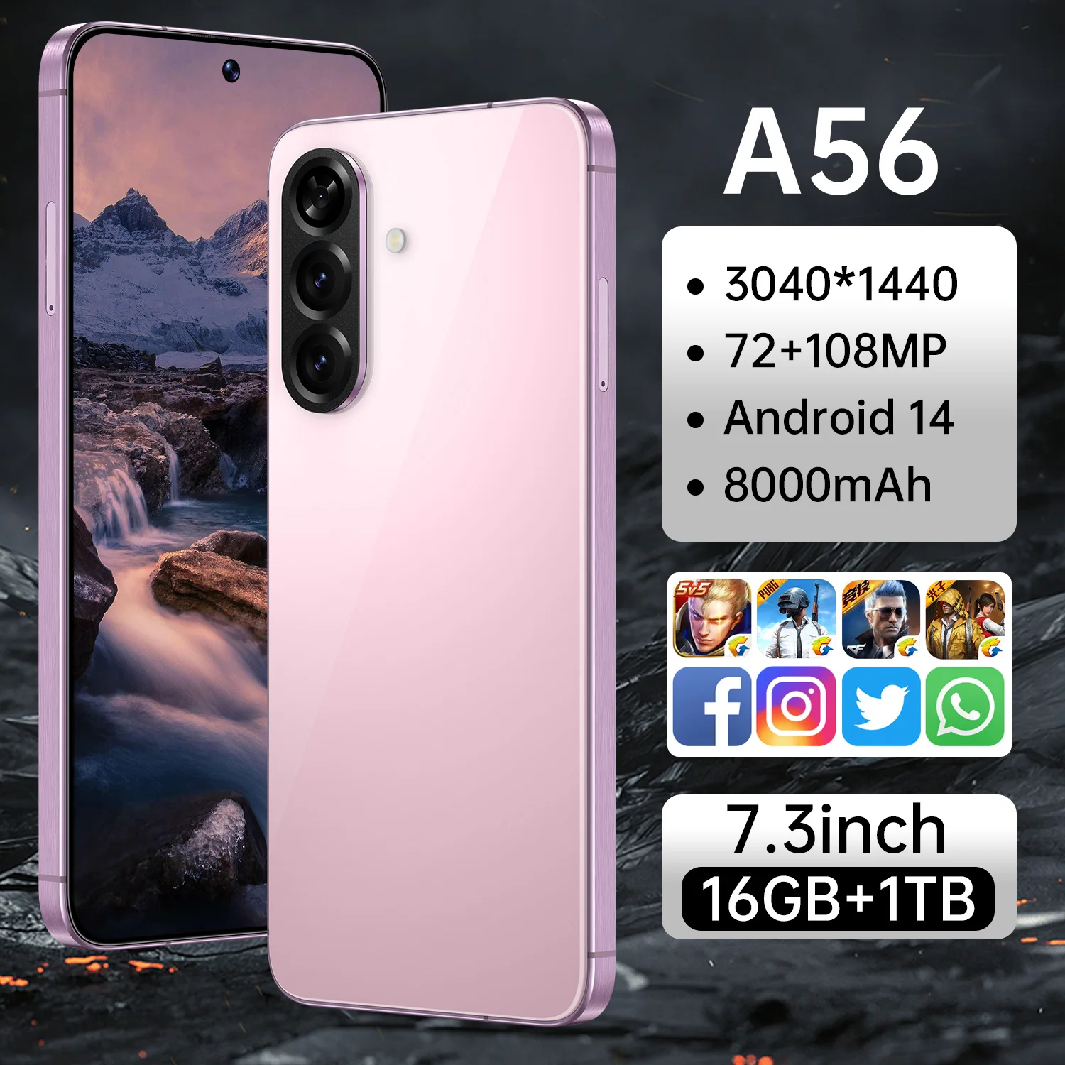 A56 Pro Wholesale 2025 Android Smartphone 7.3 Inch 16+1TB HD LED 108MP Rear Decacore 144Hz