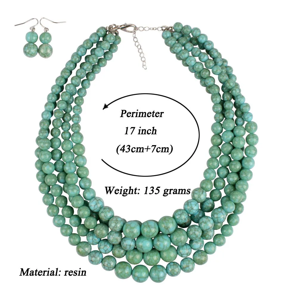 Imitation Turquoise Crack Beaded Multi Layered Necklace Earrings Bridal Jewelry Set