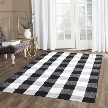 Amazon Checkered Rug Woven Washable Buffalo Plaid Best Selling Products Custom Outdoor Cotton Patio Black and White Rectangle