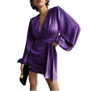 2026 New French Luxury Satin Evening Dress V-Neck Slim Dress Temperament Plain Dyed for Casual Spring Autumn Winter Use Natural