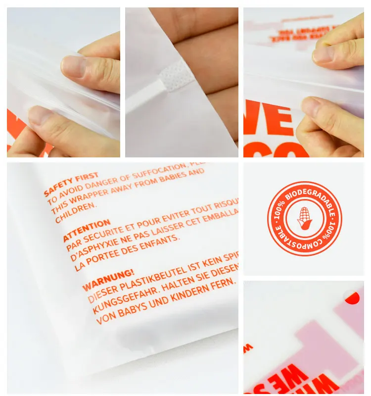 100% biodegradable pla zipper bag compostable custom zip lock packaging bags with suffocation warning details