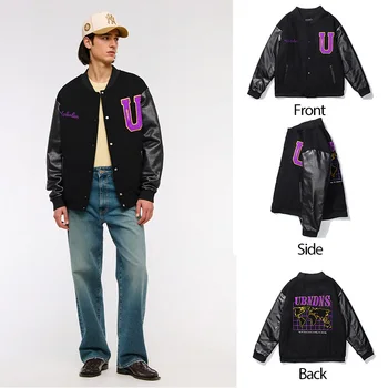 Zewu Unisex Baseball Jacket Autumn Winter American Street Style Loose Cotton Warm Embroidered Stand Collar Front Logo